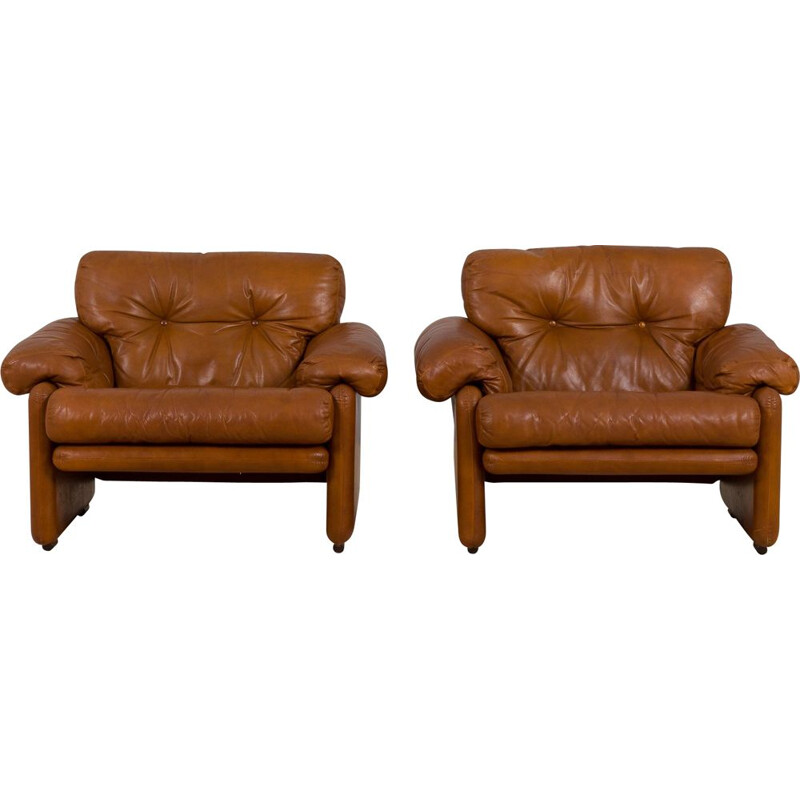 Paar vintage Coronado fauteuils in donkerbruin anilineleer van Tobia Scarpa voor C