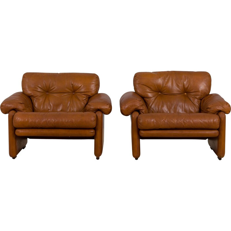 Pair of vintage Coronado armchairs in tan brown aniline leather by Tobia Scarpa for C&B, Italia 1960s