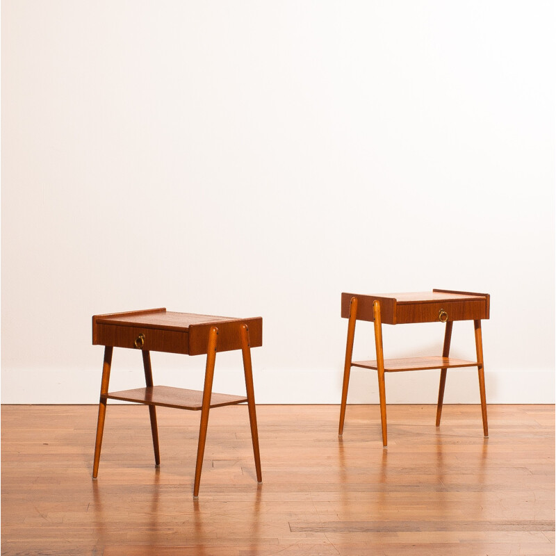 Pair of bedside tables in teak and brass - 1960s