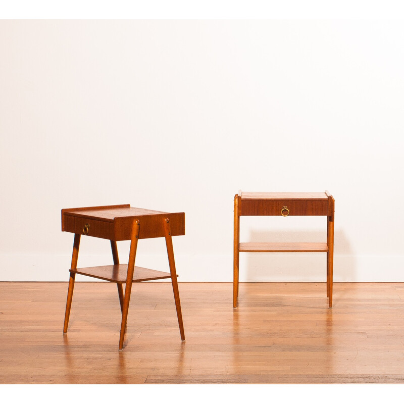 Pair of bedside tables in teak and brass - 1960s