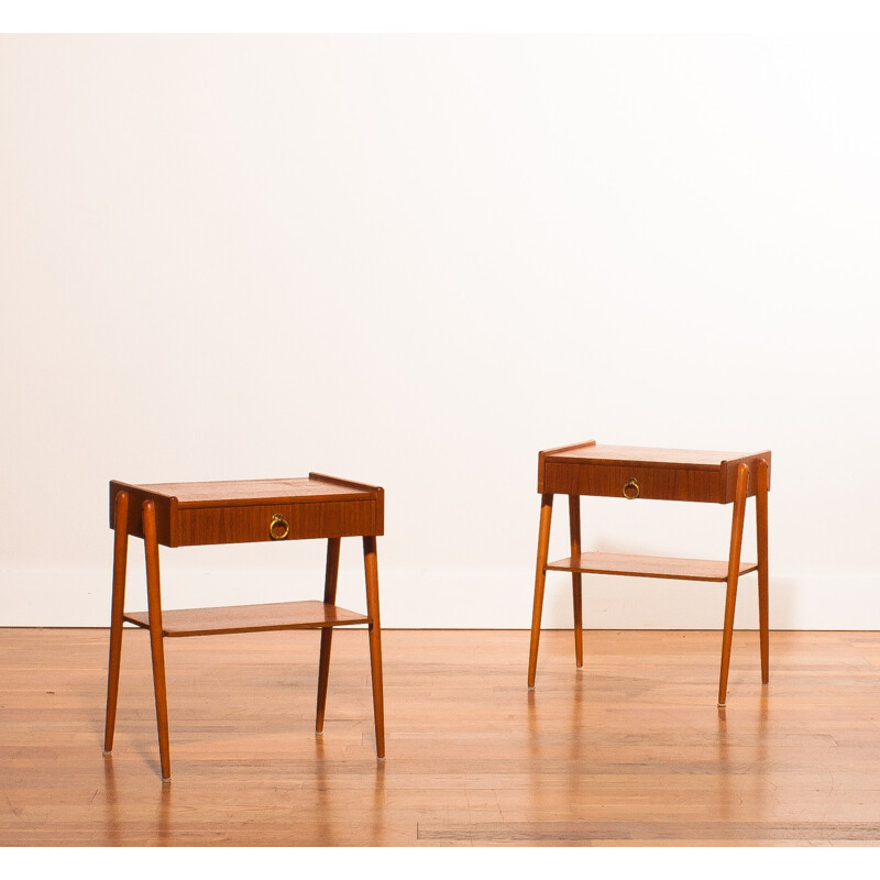 Pair of bedside tables in teak and brass - 1960s