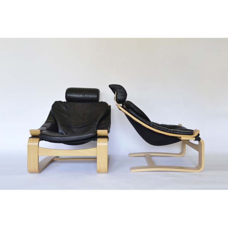 Pair of vintage Kroken leather lounge chairs by Åke Fribytter for Nelo Mobel, 1970s