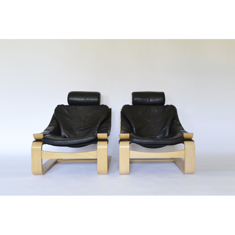Pair of vintage Kroken leather lounge chairs by Åke Fribytter for Nelo Mobel, 1970s