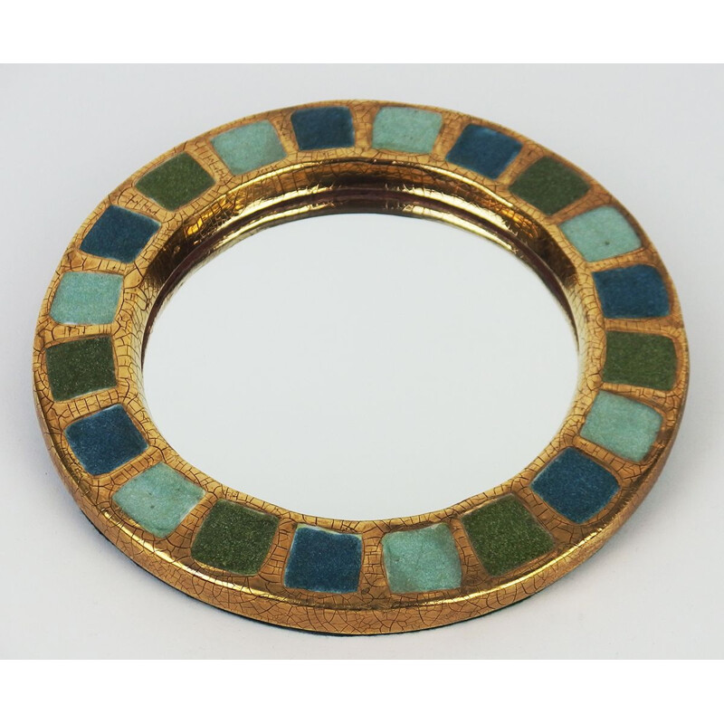 Miroir rond vintage en céramique par Mithé Espelt, France 1970