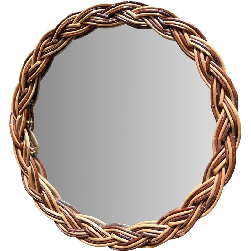 Vintage round wicker mirror, 1970