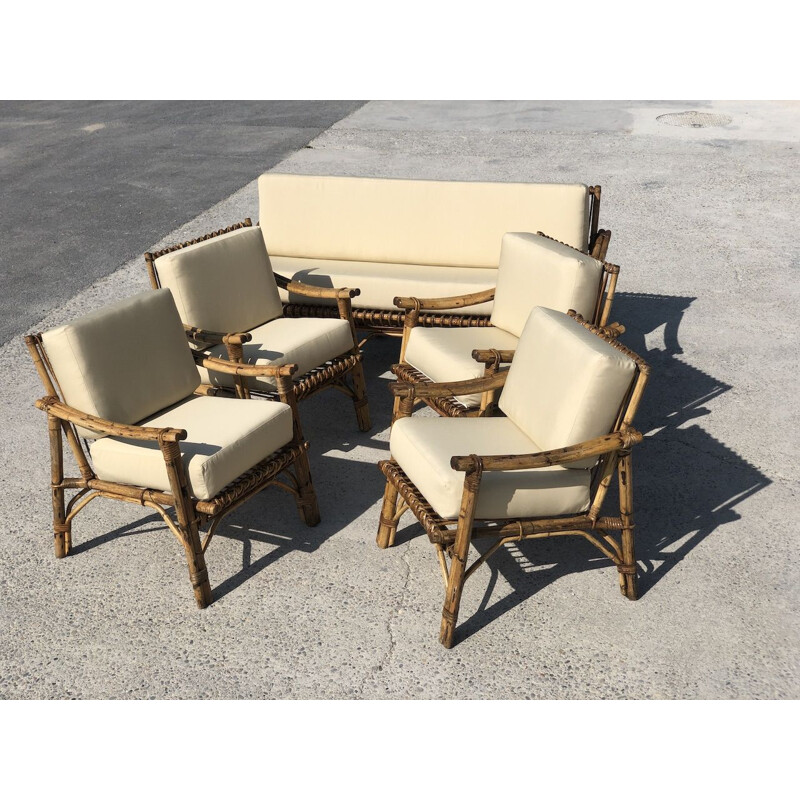 Vintage bamboo and fabric living room set, Italy 1960