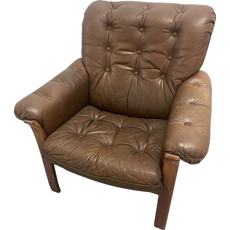 fauteuil danois vintage en cuir brun avec cadre en bois