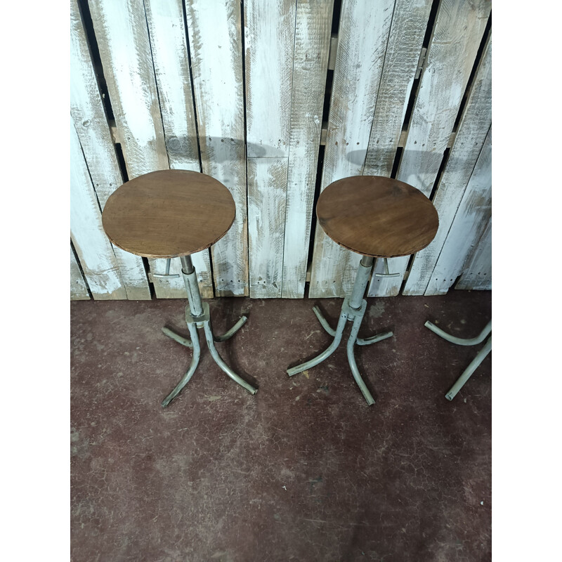 Set of 4 adjustable vintage stools in solid wood