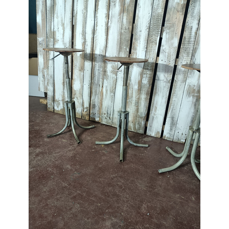 Set of 4 adjustable vintage stools in solid wood