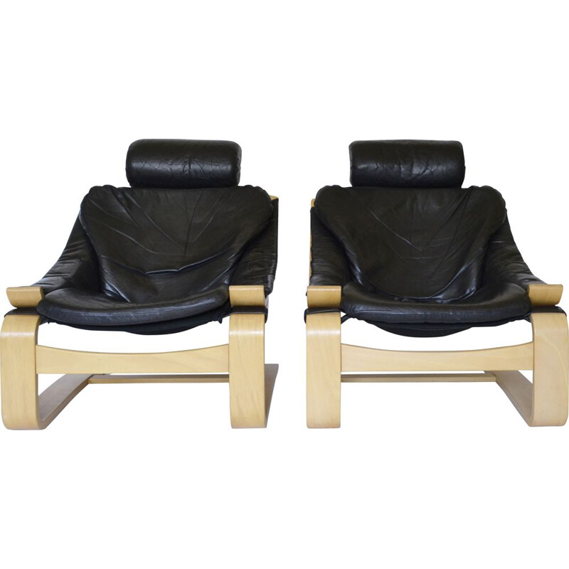 Pair of vintage Kroken leather lounge chairs by Åke Fribytter for Nelo Mobel, 1970s