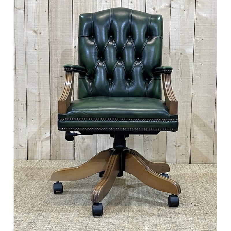 Vintage English Chesterfield office chair in green leather, 1980