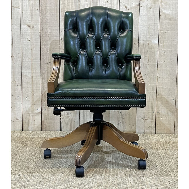 Vintage English Chesterfield office chair in green leather, 1980