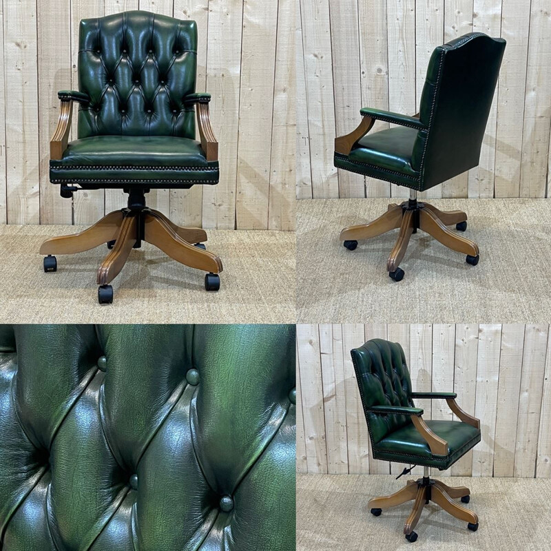 Vintage English Chesterfield office chair in green leather, 1980