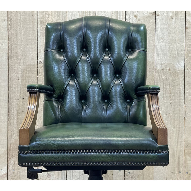 Vintage English Chesterfield office chair in green leather, 1980