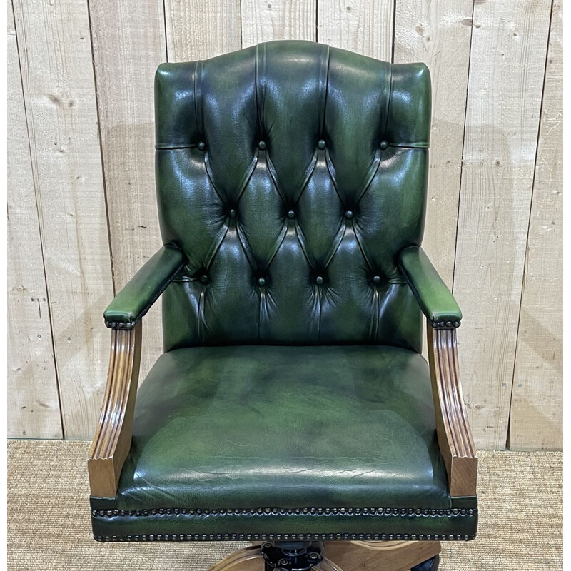 Vintage English Chesterfield office chair in green leather, 1980