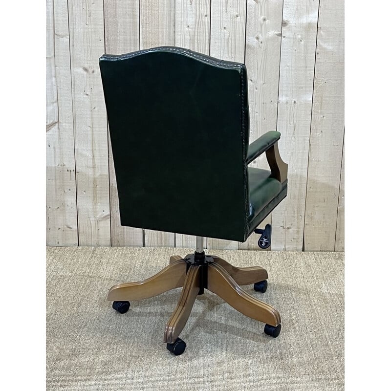 Vintage English Chesterfield office chair in green leather, 1980