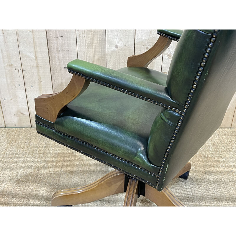 Vintage English Chesterfield office chair in green leather, 1980