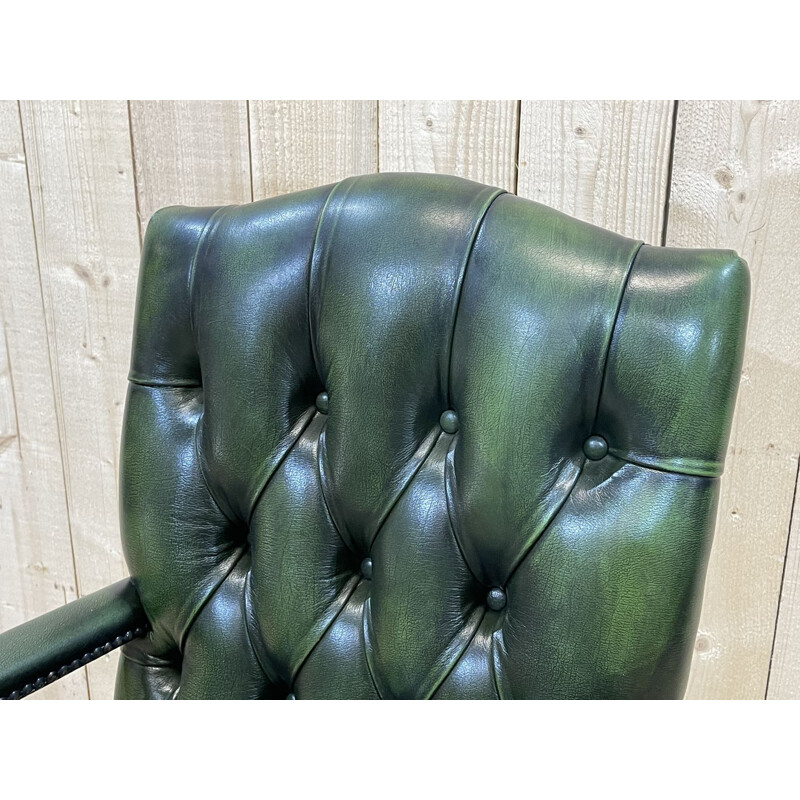 Vintage English Chesterfield office chair in green leather, 1980