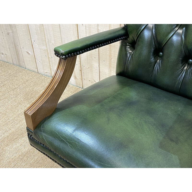 Vintage English Chesterfield office chair in green leather, 1980