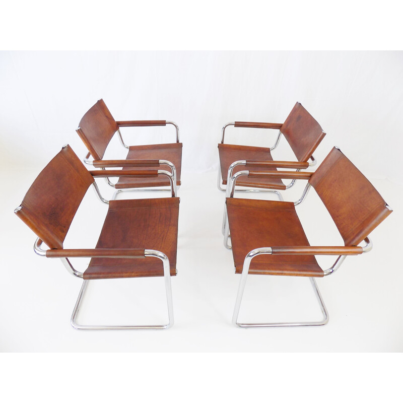 Set of 4 vintage Mg5 leather cantilever chairs by Matteo Grassi