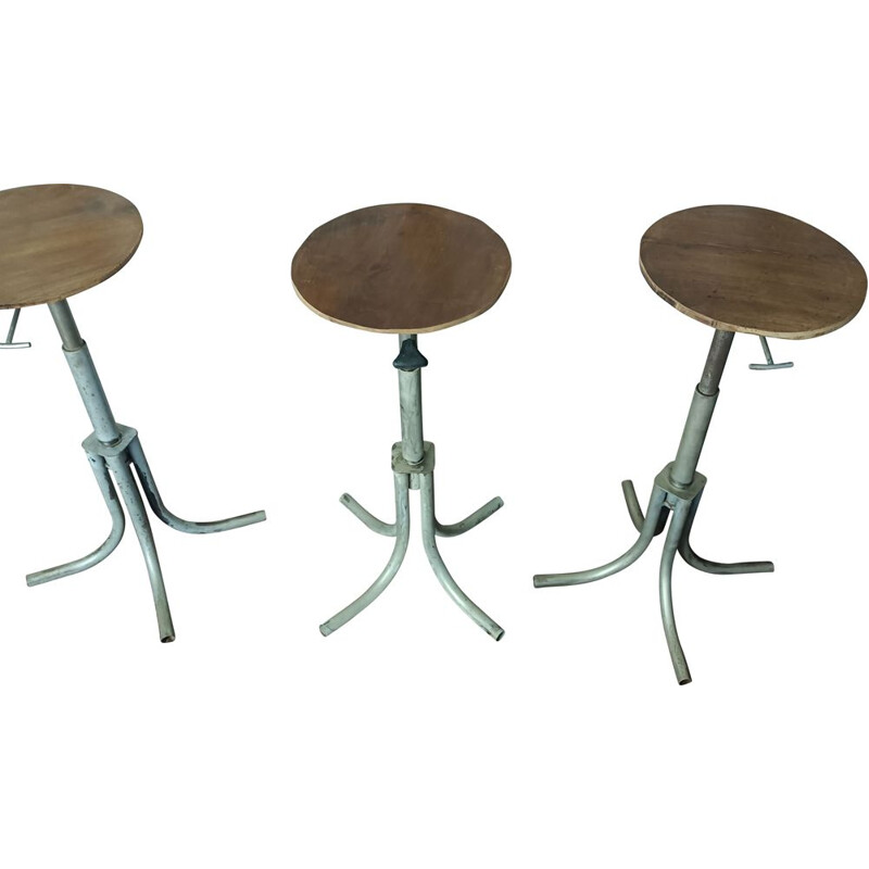 Set of 4 adjustable vintage stools in solid wood