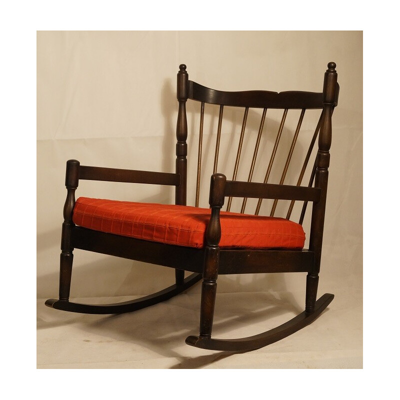 Vintage rocking chair with red fabric - 1950s