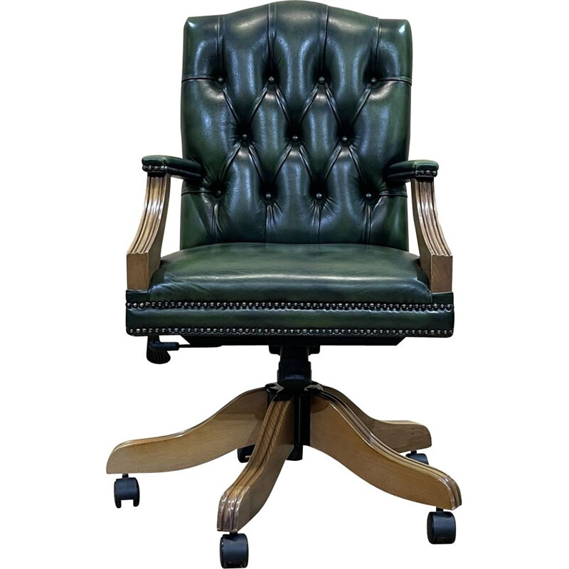 Vintage English Chesterfield office chair in green leather, 1980