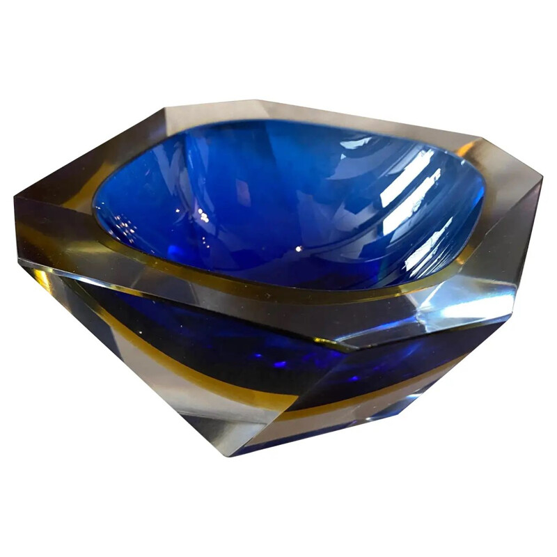 Vintage murano glass ashtray with blue and yellow sommerso facets by Seguso, 1970