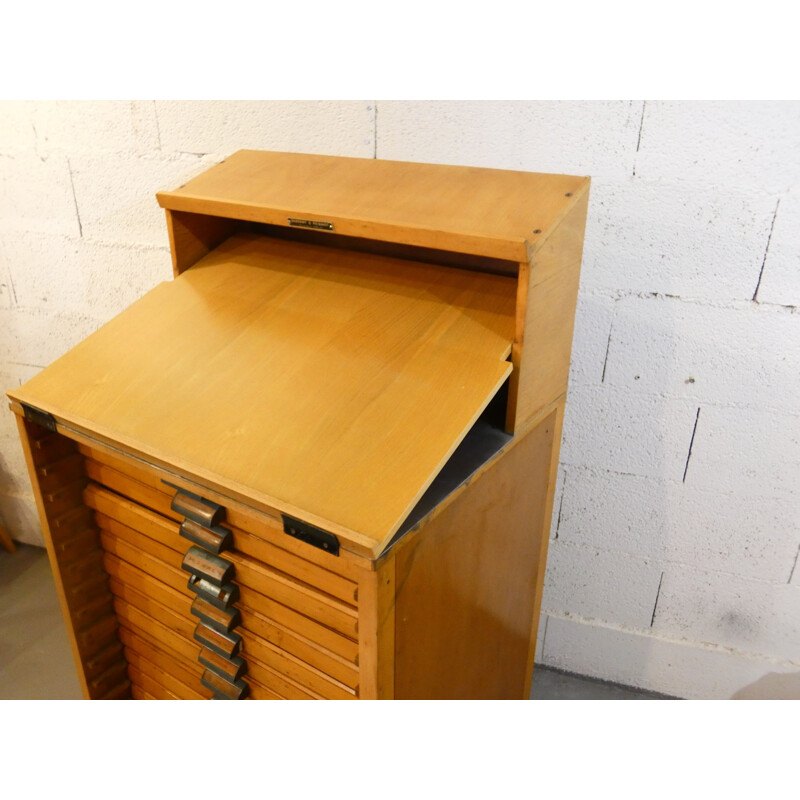 16 drawer vintage indus cabinet in beech and zinc from Typographe, 1950