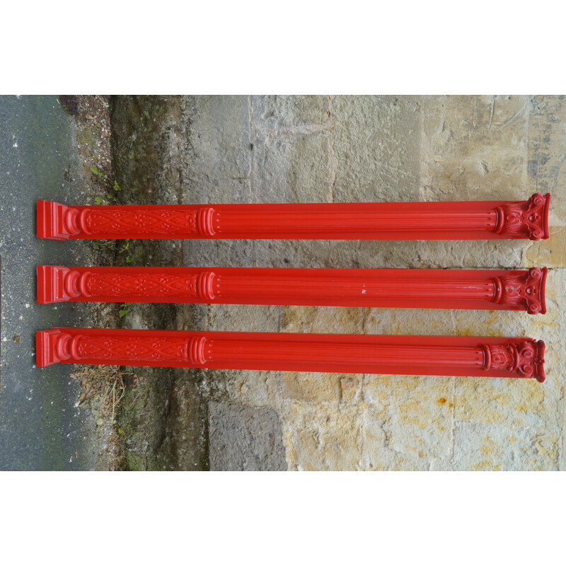 Set of 3 vintage red carved wood wall columns, 1930