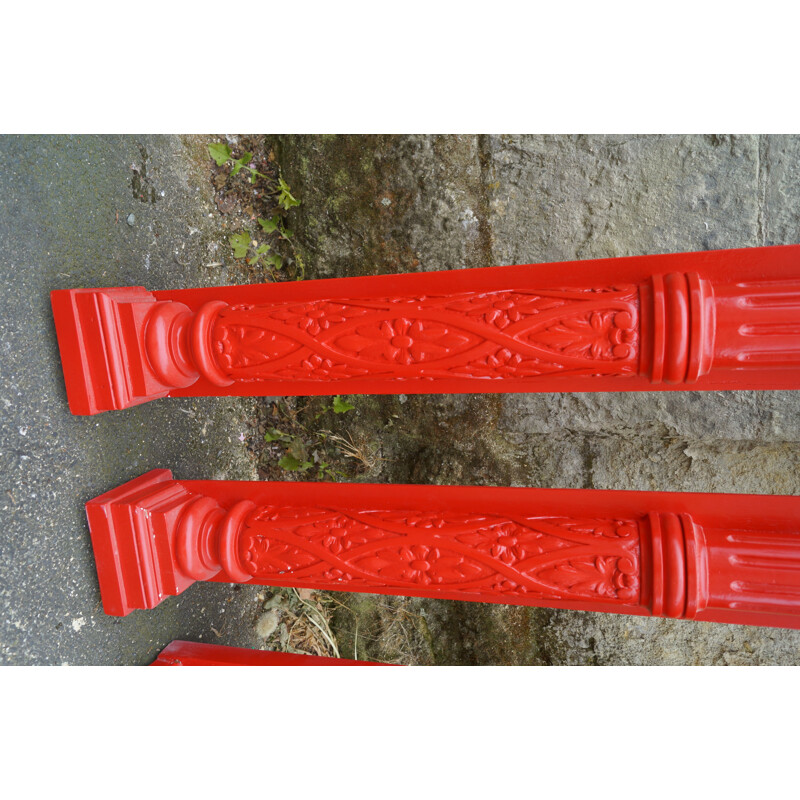 Set of 3 vintage red carved wood wall columns, 1930