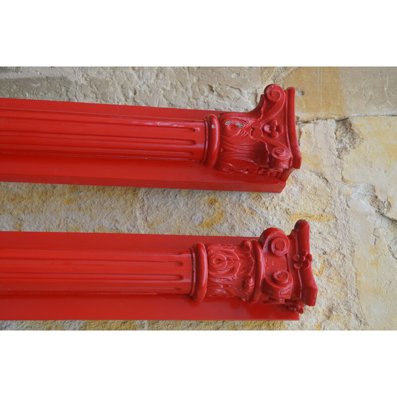 Set of 3 vintage red carved wood wall columns, 1930