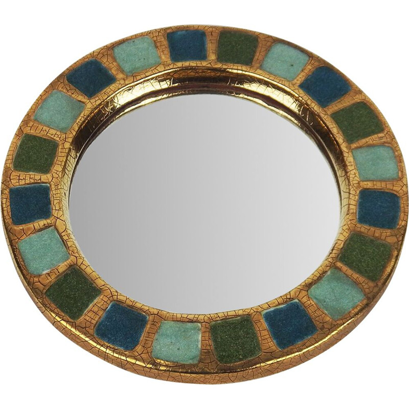 Vintage round ceramic mirror by Mithé Espelt, France 1970s