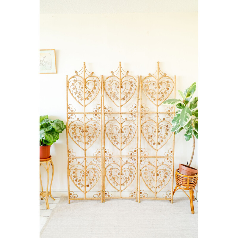 Vintage wicker Peacock & Heart 3 panel room divider, 1960s