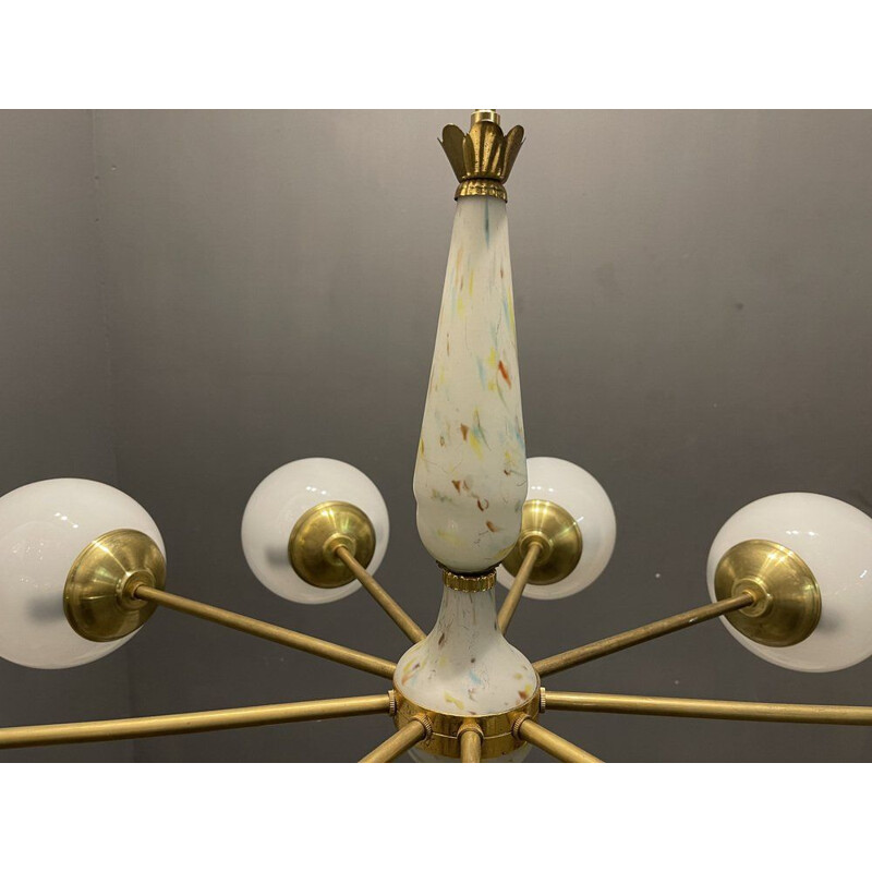 Vintage Sputnik chandelier in opaline glass and brass, 1960s
