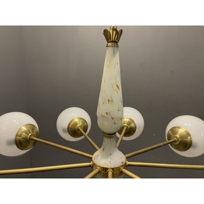 Lámpara vintage Sputnik de cristal opalino y latón, 1960