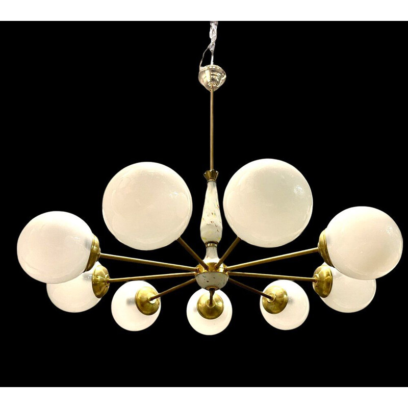 Vintage Sputnik chandelier in opaline glass and brass, 1960s