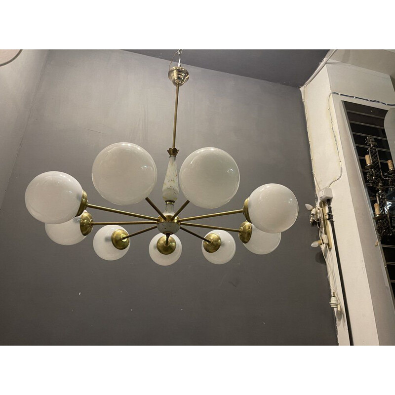 Vintage Sputnik chandelier in opaline glass and brass, 1960s