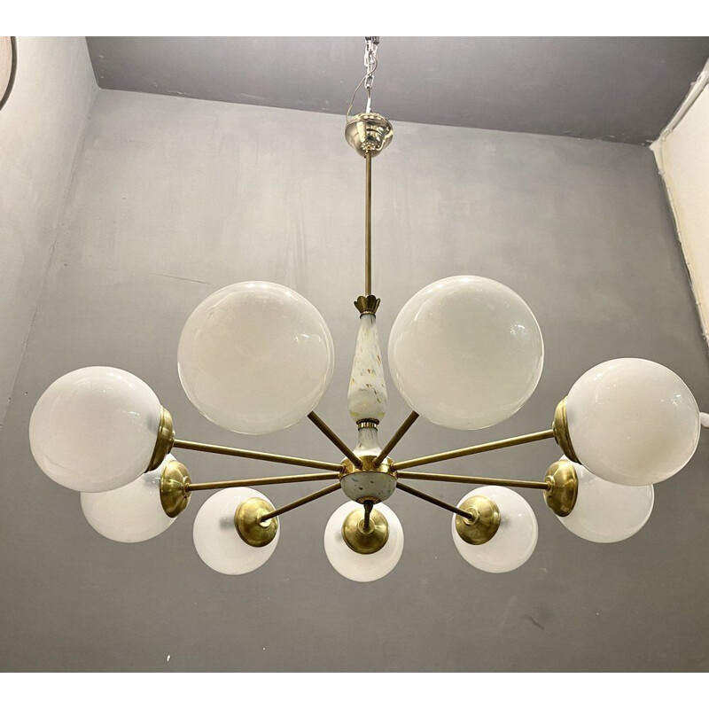 Vintage Sputnik chandelier in opaline glass and brass, 1960s