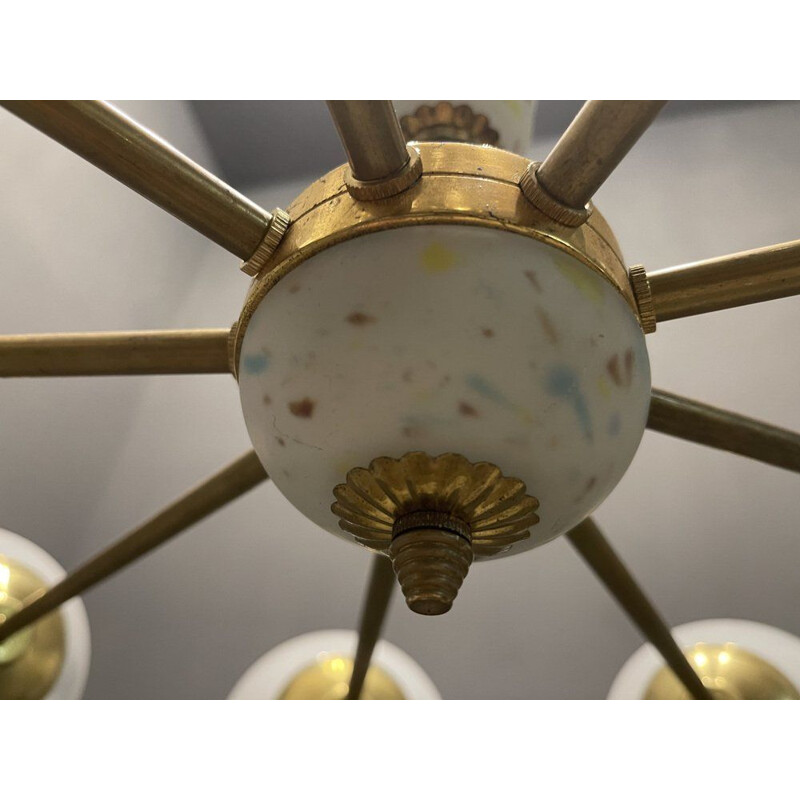 Vintage Sputnik chandelier in opaline glass and brass, 1960s