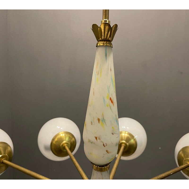 Vintage Sputnik chandelier in opaline glass and brass, 1960s