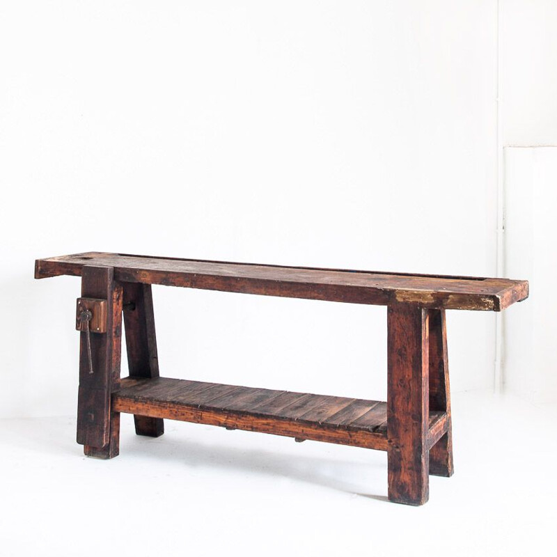 Vintage solid pine woodworker's bench, Spain 1970