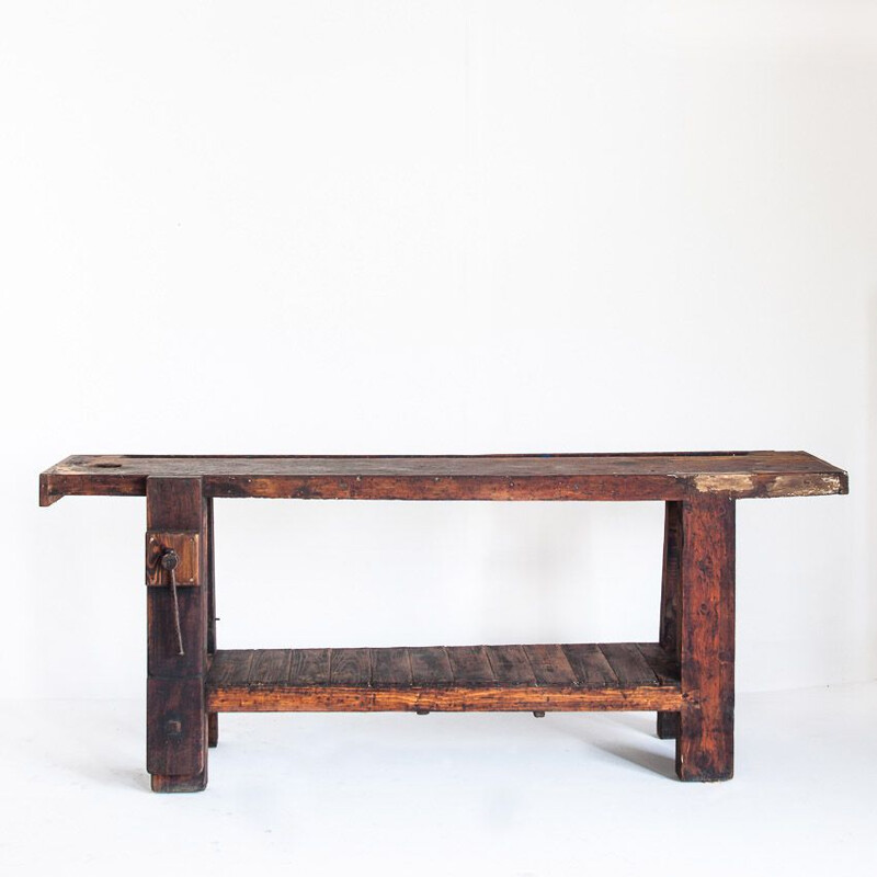 Vintage solid pine woodworker's bench, Spain 1970