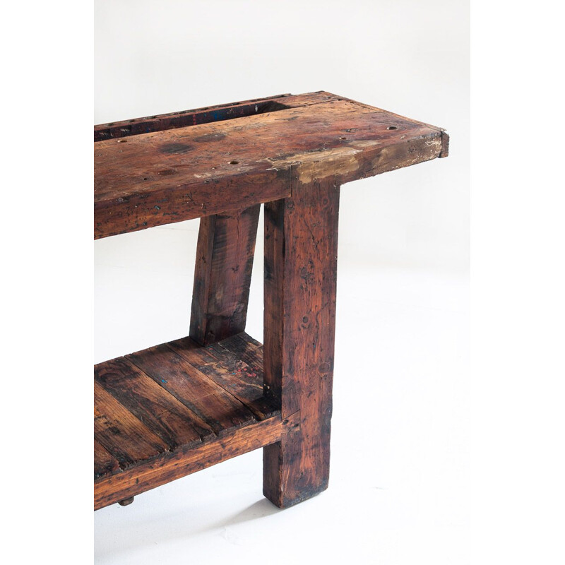 Vintage solid pine woodworker's bench, Spain 1970