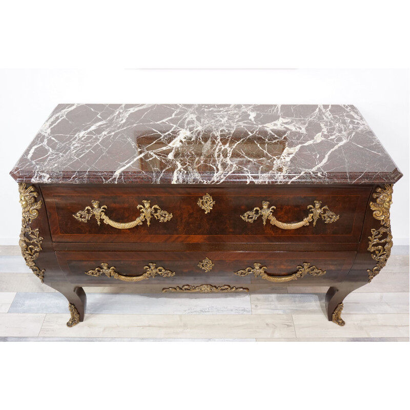 Vintage chest of drawers in mahogany, Amboyna burl and red marble