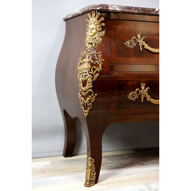 Commode vintage en acajou, loupe d'Amboine et marbre rouge