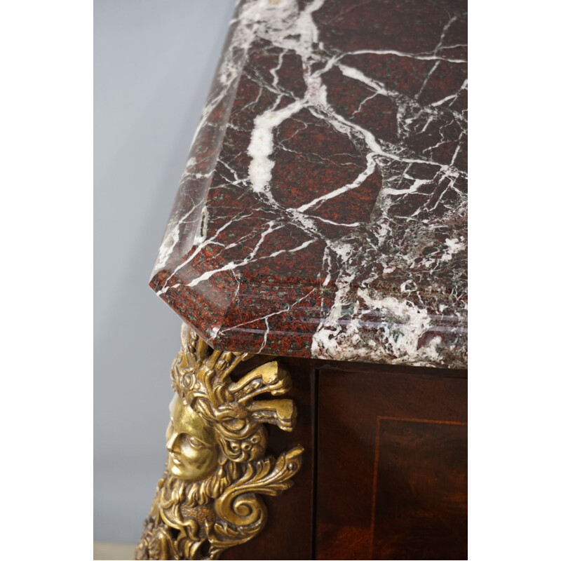 Vintage chest of drawers in mahogany, Amboyna burl and red marble