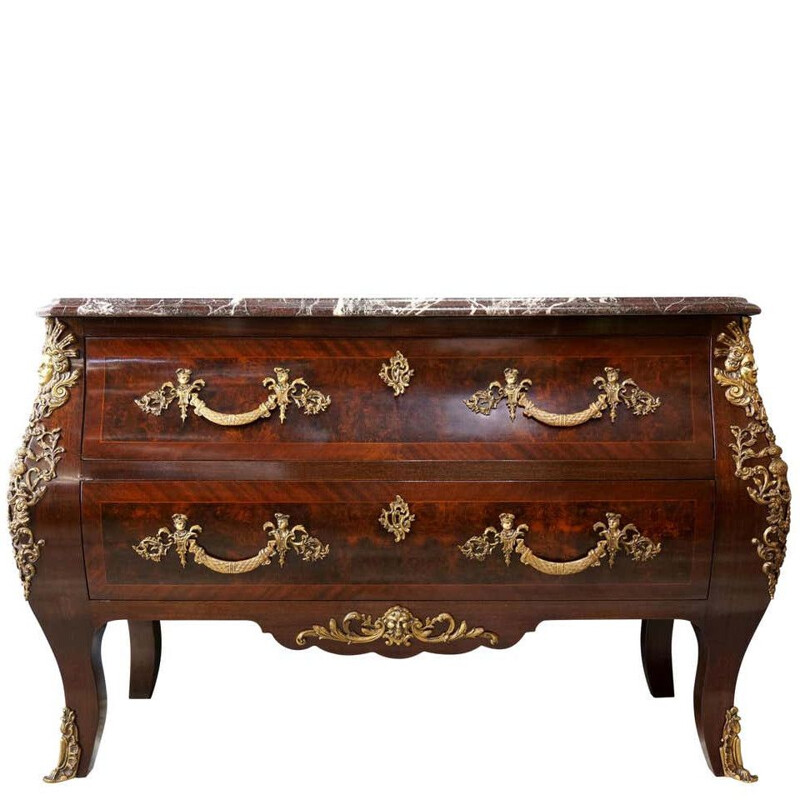 Vintage chest of drawers in mahogany, Amboyna burl and red marble