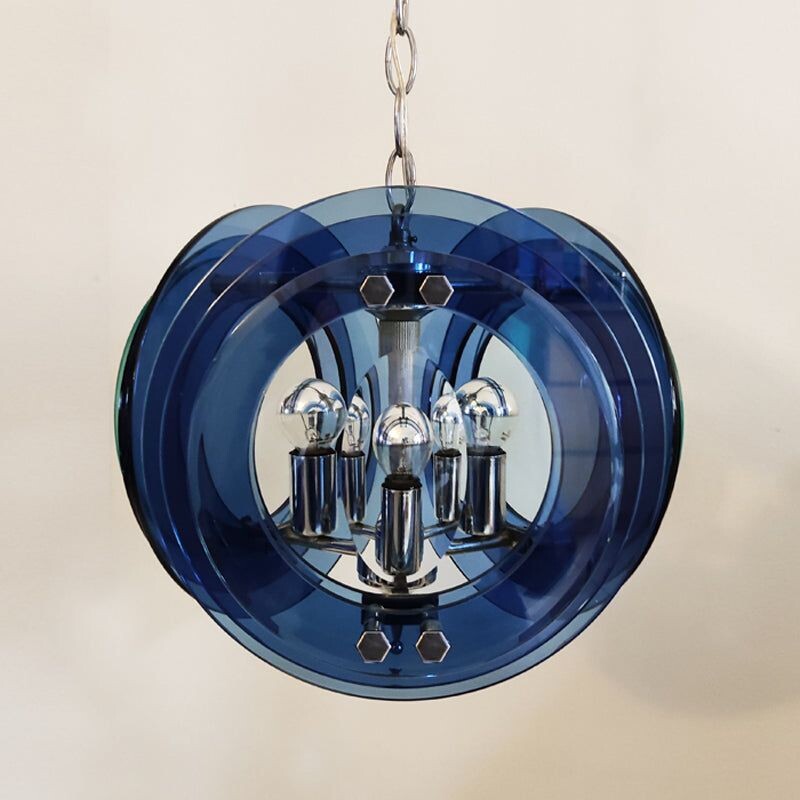 Vintage blue and green chandelier by Fontana Arte for Veca, Italy 1970s