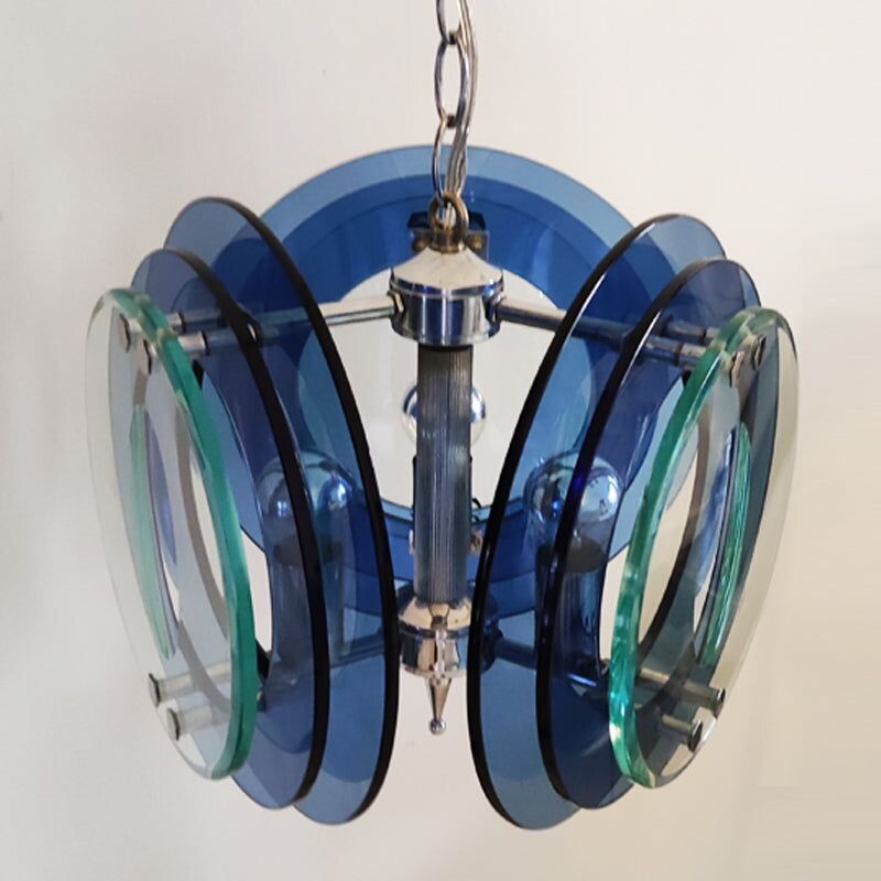 Vintage blue and green chandelier by Fontana Arte for Veca, Italy 1970s